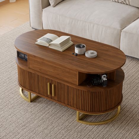 Table basse ovale relevable 100 x 50 x 64 cm avec rangement, MDF couleur noyer et piètement en acier doré (1/5)