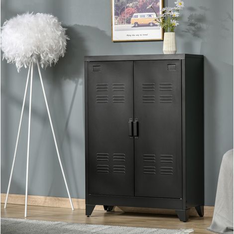 Mobile contenitore in metallo nero 75 x 33 x 110 cm con 2 ripiani regolabili DESVIAE (1/5)