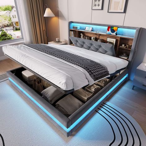 Lit Coffre Rembourré 140x200 cm, Rangement Hydraulique, Tête de Lit avec Étagères, LED, USB et Type-C, Velours Gris Foncé (1/5)