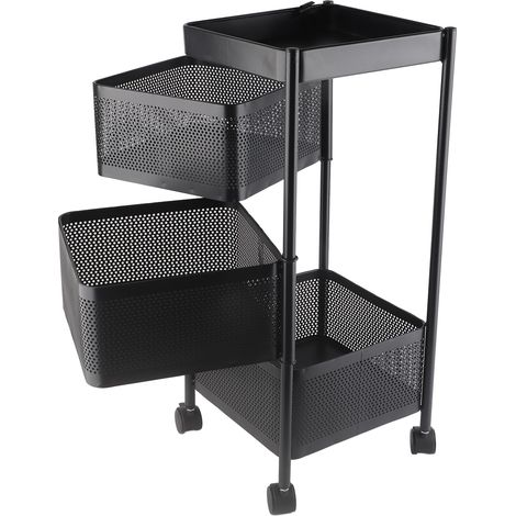 Drehbarer Küchenkorb mit Rollen, stabiler Metallkorb für Obst und Gemüse, quadratisch, schwarz, 3-lagig (1/5)