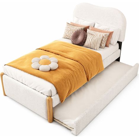 Lit 90x200 cm rembourré avec lit gigogne coulissant réversible, design minimaliste blanc, tête de lit douce en tissu et détails bois pour chambre moderne  CHICFURN (1/5)