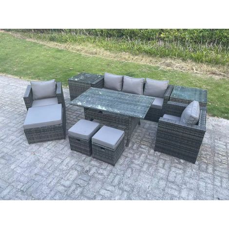 Fimous Outdoor Garden Furniture Set Patio Rattan Rectangular Dining Table Lounge Sofa Chair with 2 Side Table Big Footstool 2 Small Stools 8 Seater Dark Grey Mixed (1/5)