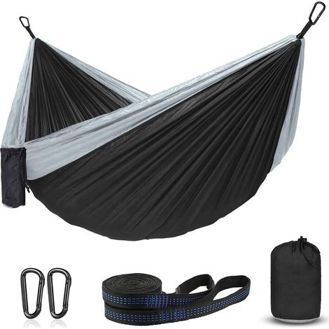 Hamac Ultra-léger Camping, Nylon à Parachute Séchage Rapide Hamac avec Mousquetons et Sangles de qualité Utilisé Hamac pour Le Jardin en Terrasse et Les Voyages, Noir, 260x140cm