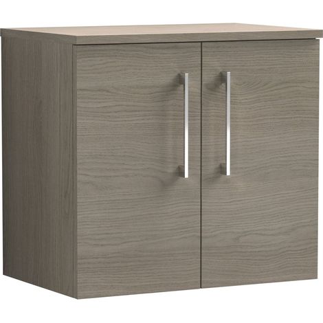 Nuie Arno Wall Hung 2-Door Vanity Unit with Worktop 600mm Wide - Solace Oak Woodgrain (1/5)
