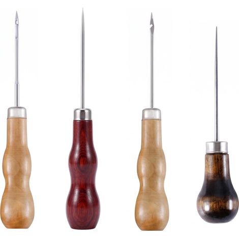 4 x Leather Punch with Wooden Handle, Sewing Awl for Punching and Repairing Shoes, Bags, Leather Goods DIY, Heavy Duty Hand Sewing Tools (1/5)