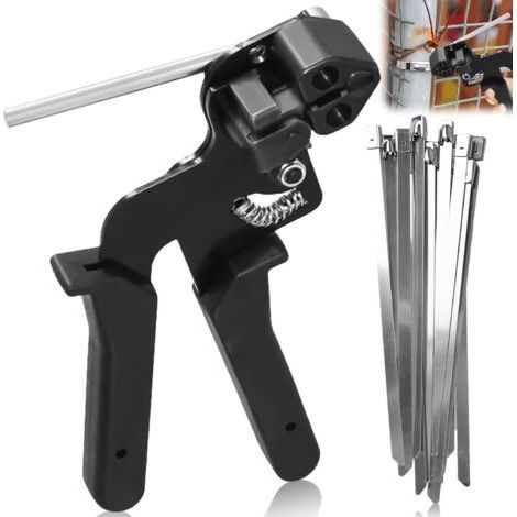 Herramienta para bridas de cables: alicates y pistola con 100 bridas de acero inoxidable de 200 mm x 4,6 mm – Para apretar y cortar bridas metálicas (1/5)