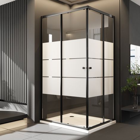 Duschkabine Schwarz 100x100 cm Eckeinstieg mit Schiebetüren, Duschschiebetür Duschabtrennung aus 6mm ESG Sicherheitsglas mit weißen Querstreifen-Dekor, Über Einer Duschwanne Oder Fliesen Montiert, Höh