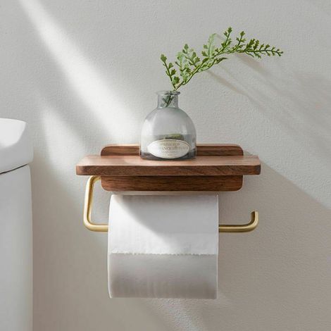 Soporte para papel higiénico, soporte de papel higiénico de pared sin taladrar, caja para papel higiénico, soporte para papel higiénico para teléfono móvil, soporte de madera (1/5)