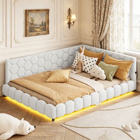 Lit banquette 140x200 cm, Canapé-lit 2 places avec bande LED et ports USB, lit capitonné multifonction, Revêtement peluche