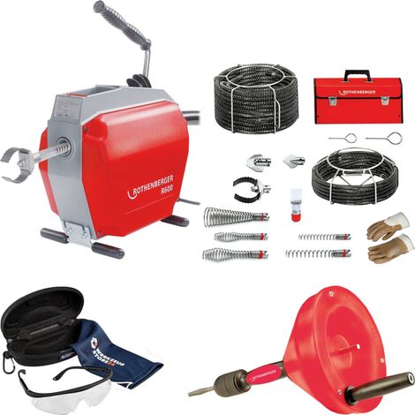 ROTHENBERGER R600 + juego de espirales/herramientas + ROSPI 8 H+E Plus desatascador manual y eléctrico, 7,5m + gafas de protección - 19173-72095-Set (1/5)