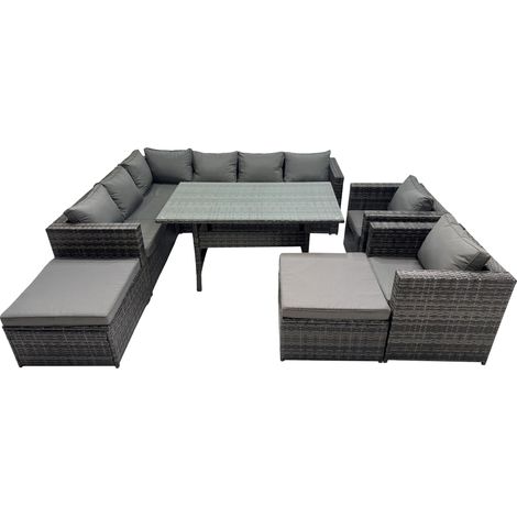 Fimous Outdoor PE Rattan Sofa Set with Dining Table Patio Garden Furniture Sets with 2 Big Stool Dark Grey Mixed (1/5)