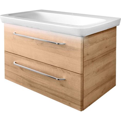 Fackelmann MILANO Badmöbel Set 3 Teile – Waschbecken aus Keramik in Weiß mit Unterschrank in Holz braun – Waschbeckenunterschrank mit Schubladen und Waschbeckenbeleuchtung – 88 cm breit"-"06325145 (1/5)