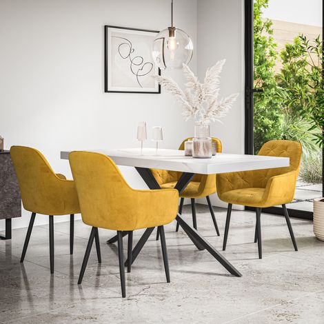 Donni Dining Table And Chairs - White Marble Effect Table Top w Black Legs + Anika Velvet Dining Chair Set Of 4 (Mustard) (1/5)