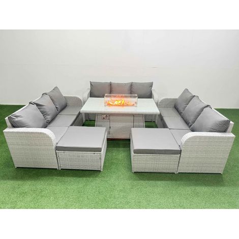 Fimous PE Rattan Lounge Sofa Set 11 Seater Outdoor Garden Furniture Set with Firepit Dining Table 3 Seater Sofa 2 Big Footstools Light Grey (1/4)