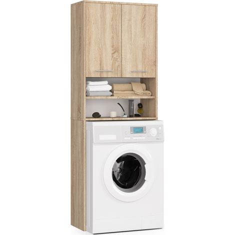Meuble colonne salle de bain 64 cm – 2 portes battantes – 4 étagères – Panneau stratifié Chêne Sonoma – Hauteur 180 cm – Profondeur 30 cm – Abamihome