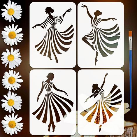4 Pcs Pochoir de Personnages en Ligne de Danse avec Pinceau, 29.7x21cm Réutilisable Pochoir de Silhouettes de Danseurs Modèle en Plastique Réutilisable pour Bois Mur Meuble Maison Cadeau (1/5)