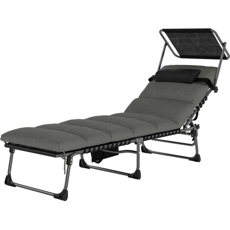 Bain de soleil réglable 5 positions avec pare-soleil, coussin appui-tête et poche latérale, 190 x 57 x 30 cm, gris foncé