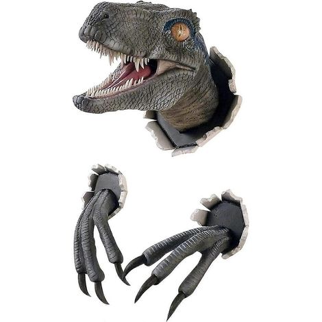 Sculpture murale de dinosaure en résine, tête de dinosaure cassée avec griffes, réplique, statue de dinosaure 3D bleue (1/5)