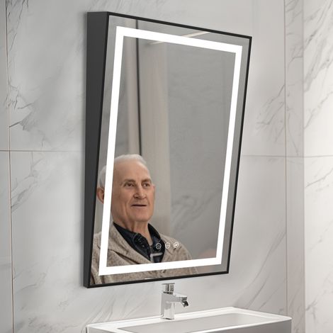 Miroir Salle de Bain LED Inclinable: 90×60cm Miroir Cosmétique avec Éclairage Intégré, Miroir Dimmable Lumineux Mural Antibuée avec Prise de Courant avec Cadre Noir IP56, 3 Couleurs