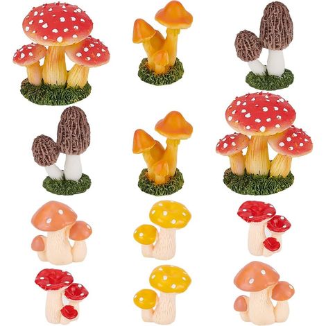 12 figuras de hongos de 6 estilos diferentes, estatuas de hongos de resina de colores surtidos, accesorios para jardín de hadas para decoración exterior y del hogar. (1/4)