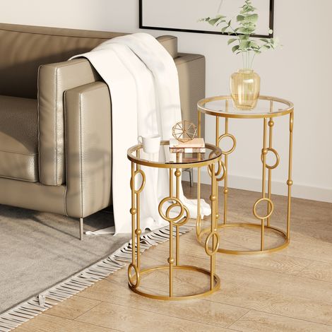 Tables gigognes Lot de 2 Tables Basses Rondes Design Style Art déco Ø 41 et Ø 36 centimètres métal doré Verre trempé 5 mm