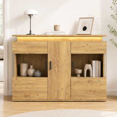 Credenza moderna 120 cm con LED 16 colori, presa USB e USB-C, ante in vetro, rovere chiaro (1/5)