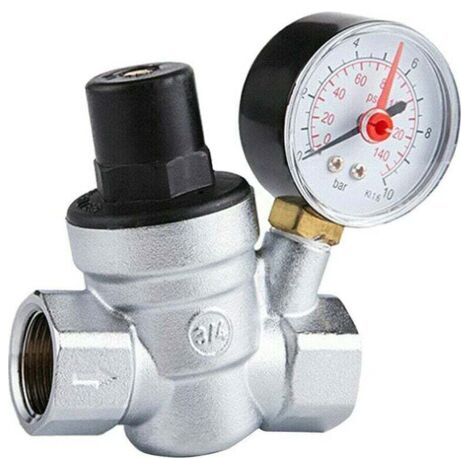 DN20 Vanne de Réduction de Pression d'eau Réglable avec Manomètre Compteur de Pression, Reducteur de Pression d'eau 3/4 pouce Regulateur de Pression Eau avec Manomètre (1/4)