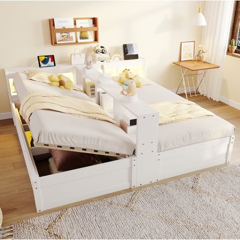Multifunktionsbett 90/180x200 cm Weiß aus MDF mit Stauraum, LED-Beleuchtung und Steckdosen (1/5)