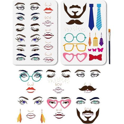 Lot de 2 pochoirs pour le visage (yeux, nez, bouche), 29,8 cm, réutilisables, pour peindre sur bois, meubles et autres surfaces. (1/5)