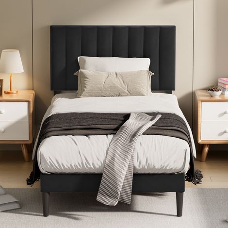 CECIPA MAX Letto Singolo Imbottito con Testiera Regolabile a Righe, Struttura Letto Moderna con Rete a Doghe, Letto in Legno e Metallo, Portata Fino a 300 kg, Facile da Montare, Nero, 90x200 cm