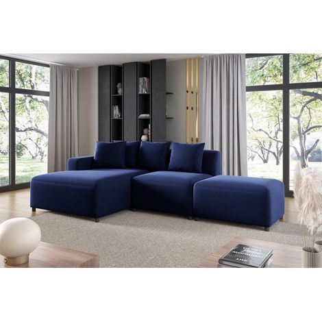 Ecksofa Designersofa MEGAN XS inkl. Hocker Stoff Salvador Dunkelblau Ottomane Links (1/3)