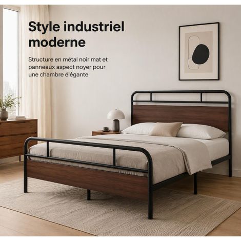 Cadre de lit adulte métal‑bois noir, structure renforcée sommier à lattes métalliques, style moderne minimaliste, tête et pied de lit panneau bois, dimensions 197x100x30 cm, pour chambre, sans matelas (1/5)