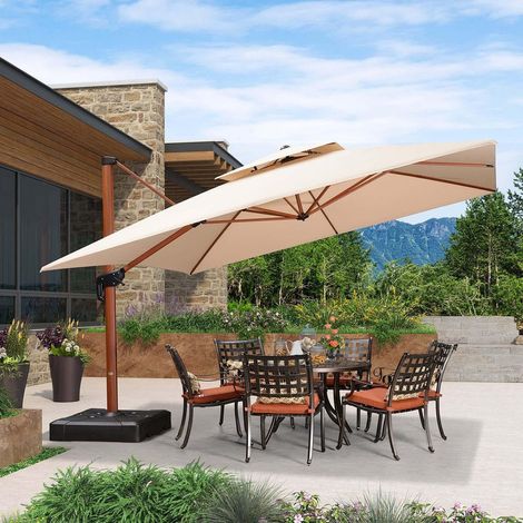 PURPLE LEAF Parasol 3,65 x 3,65 m Carré de Terrasse, Parasol Déporté 360°, Double Toit Ventilé, Finition Aspect Bois Antirouille, Parasol de Jardin Luxe, Beige