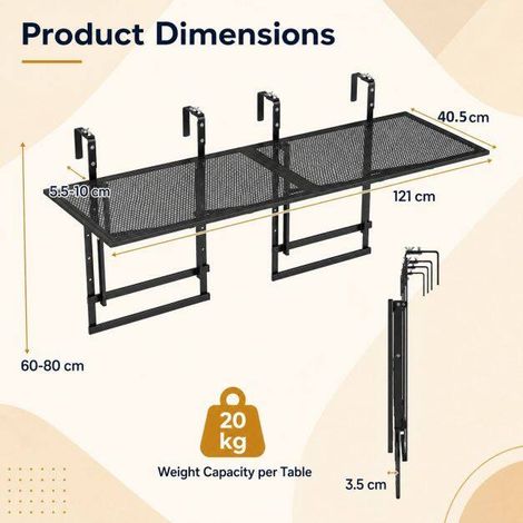 Lot de 2 tables de balcon noires pour garde-corps, plateau rabattable et hauteur réglable sur 5 niveaux, pour balcon et patio (1/5)