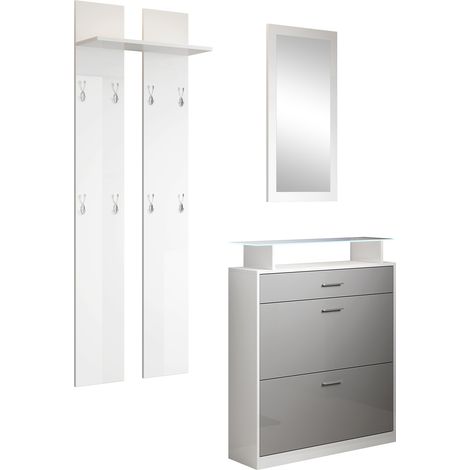 Muebles Bonitos – Meuble à chaussures 3 en 1 avec LED – Portemanteau et miroir – Dimensions 105 x 89 x 24 cm – 2 portes et 1 tiroir – Structure en mélanine brillante (1/4)