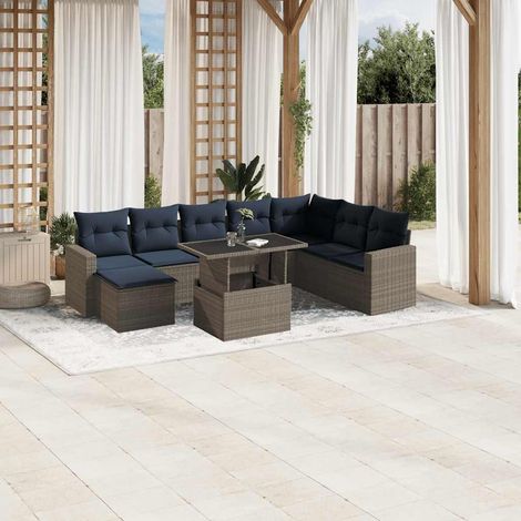 9-teiliges Gartensofa-Set mit Kissen, grau, Polyrattan (1/5)
