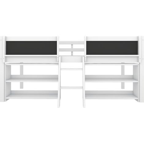 Lit mi-hauteur enfant 90 x 200 cm avec rangements, échelle et barrières, pin et MDF, blanc (1/5)
