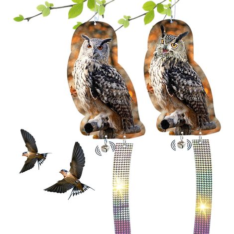 Eulen-Vogelscheuche, 2-teiliges Set stehender Eulenattrappen, Taubenabwehr, mit Glocke und Reflektorstreifen für den Balkon (1/5)