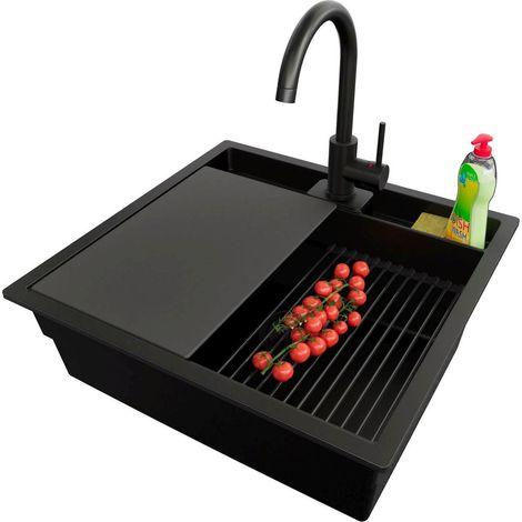 PRIMAGRAN Evier Cuisine en Granit 56x54cm, Lavabo 1 bac + Kit de Vidage + Accessoire, Évier à Encastrer au meuble 60cm - Bergen Pocket, Tout Noir (1/5)