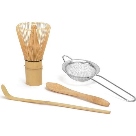 Fouet à œufs - 11 cm de long - Bambou - avec cuillère à thé, cuillère à café et passoire à thé, lot de 4 (1/5)