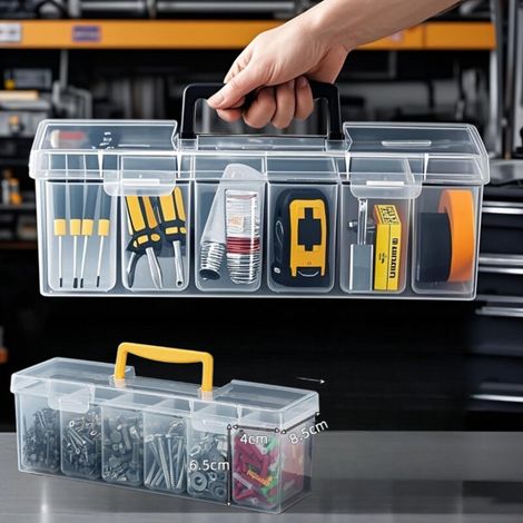 Boîte de Rangement Transparente 6 Compartiments, Organisateur de Vis et Quincaillerie, avec Poignée Jaune, Boîte de Stockage pour Bricolage et Réparations (1/5)