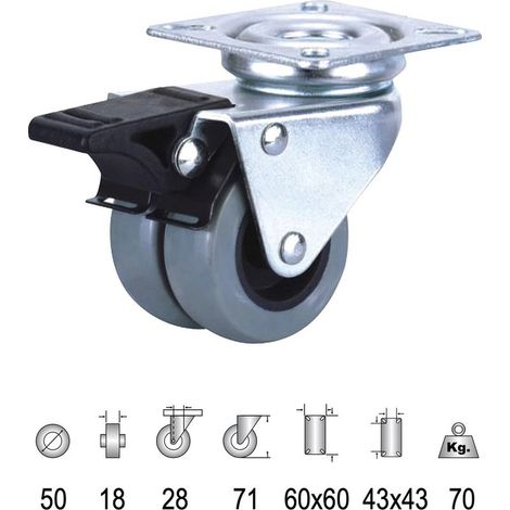Roue Polyamide Domestique Double Platine Grise avec Frein 50mm