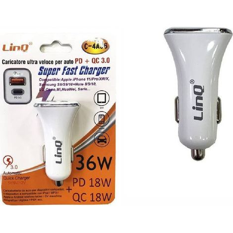 Linq - Caricabatterie Caricatore Da Auto Adattatore Ultra Rapido Pd + Qc 3.0 36w C-4a36 -