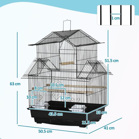 Cage à oiseaux avec poignée et plateau amovible, métal et plastique, 50,5 x 41 x 63 cm, noire (1/5)