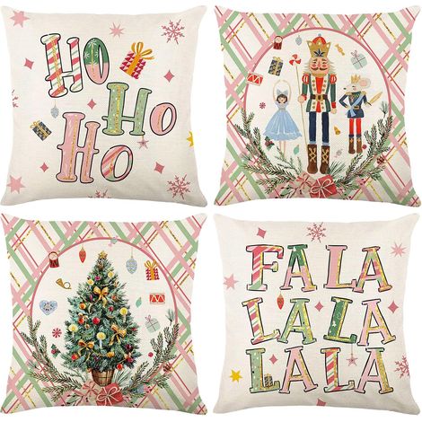 4 Pièces Housse de Coussin de Noel 45x45cm, Housse Coussin Canape en Lin, Decoration de Noel Interieur Shabby Chic, Coussins Decoratifs pour Canapes (1/5)