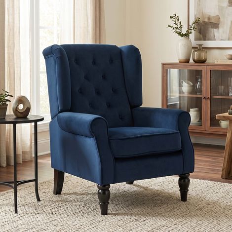 Fauteuil salon capitonné confortable, large assise, pieds bois, style classique, bleu foncé, dimensions 74x86x102 cm (1/5)