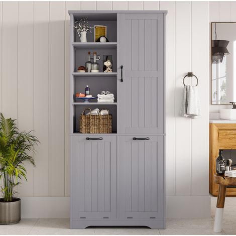 Armoire salle de bains 78x35x172,7 cm en MDF gris, 2 paniers à linge, gain de place – MEUBLIV (1/5)