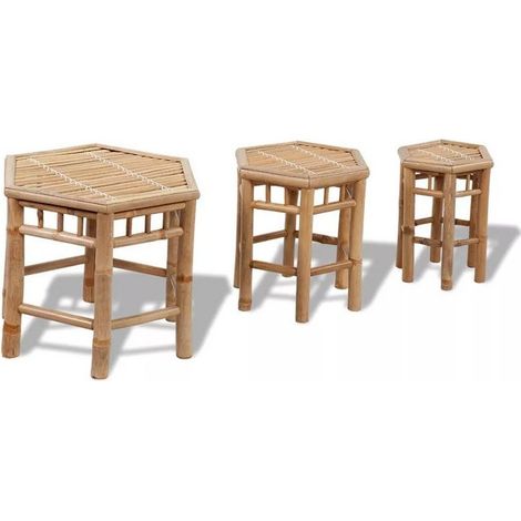 Set de 3 tabourets de jardin bambou clair Maboun (1/3)