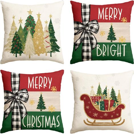 Fundas de cojín decorativas de Feliz Navidad con abetos, estrellas y trineo, 45 x 45 cm, lazo y copos de nieve blancos, para sofá (juego de 4). (1/5)