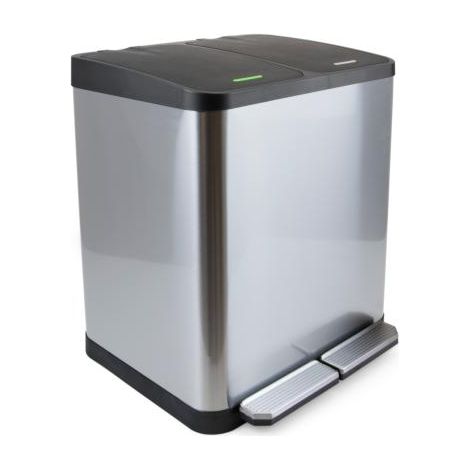 Emuca – Bac de tri sélectif 2 compartiments 15 litres – Acier inoxydable – Couvercles à pédale avec fermeture souple – Design compact 40x34,5x49cm
